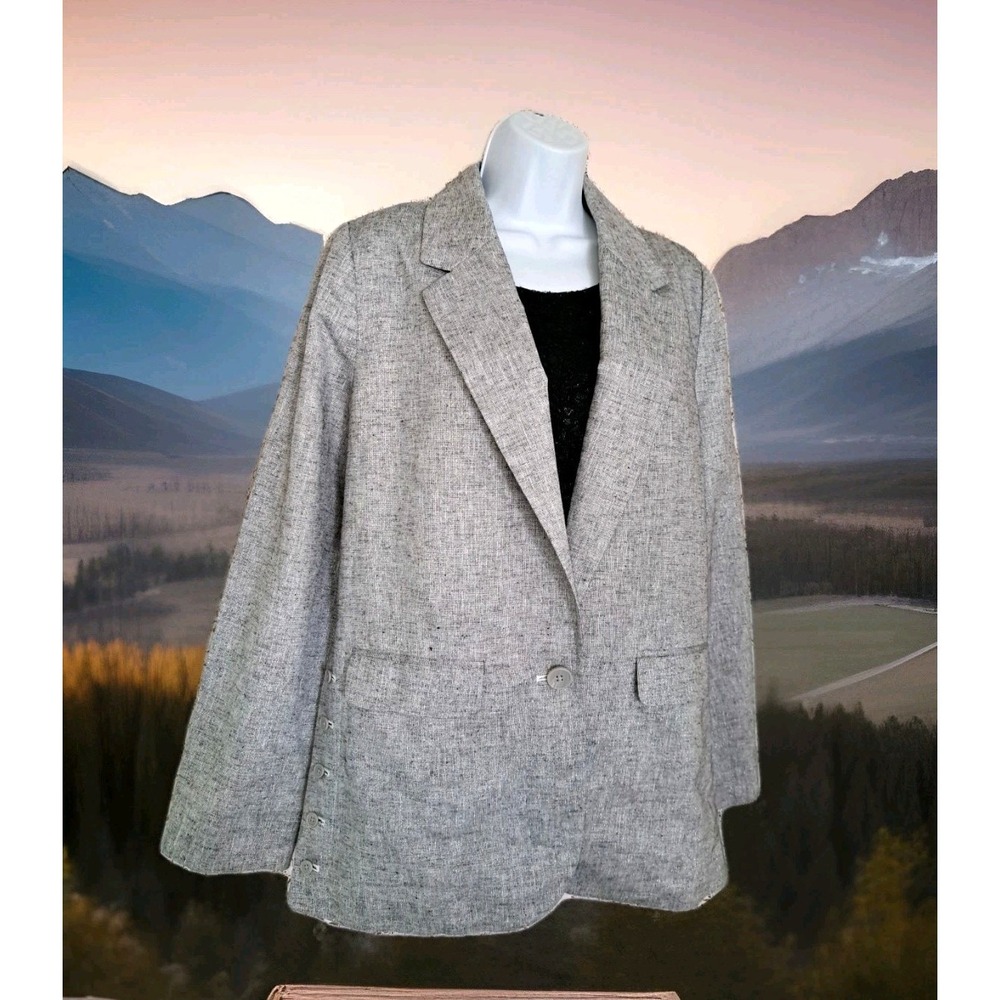 A New Day Blazer M Silver Sparkle Side Buttons Front Pockets Linen Blend Career